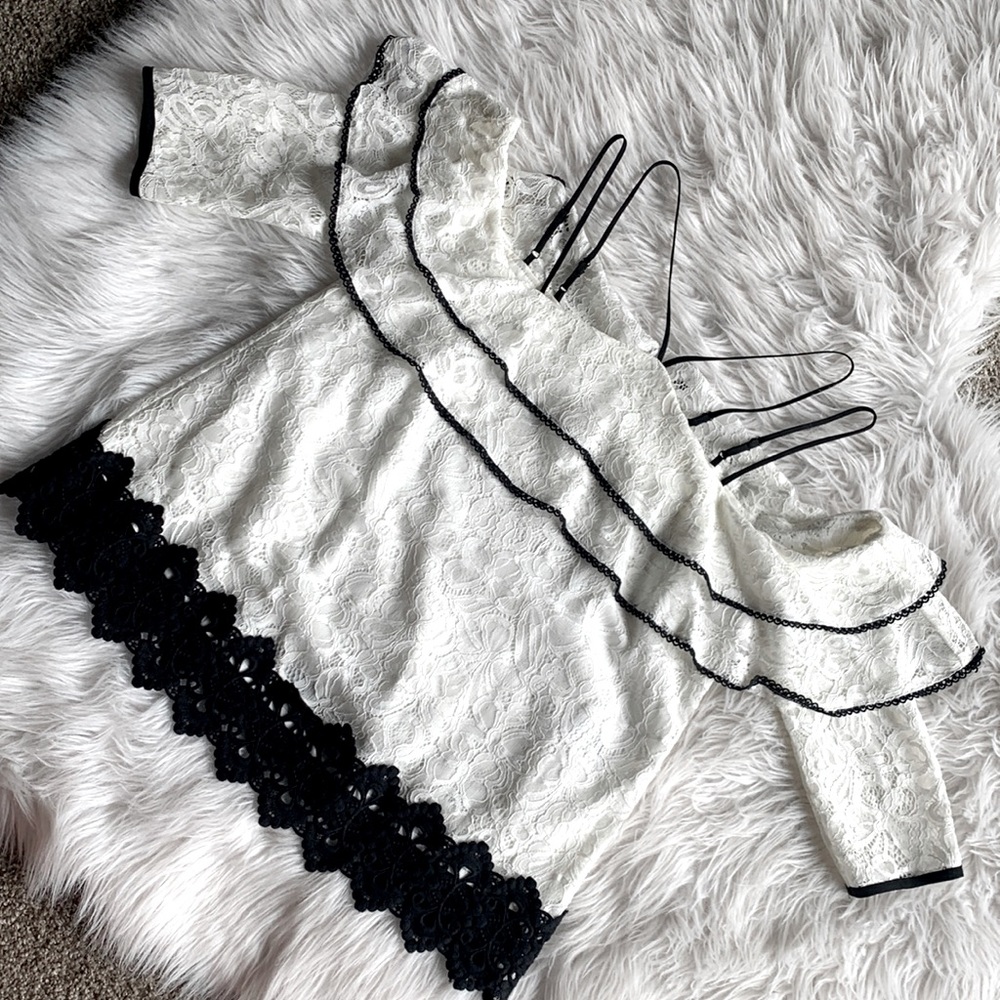Hilda Cold Shoulder Lace Blouse. Off-white and Black.